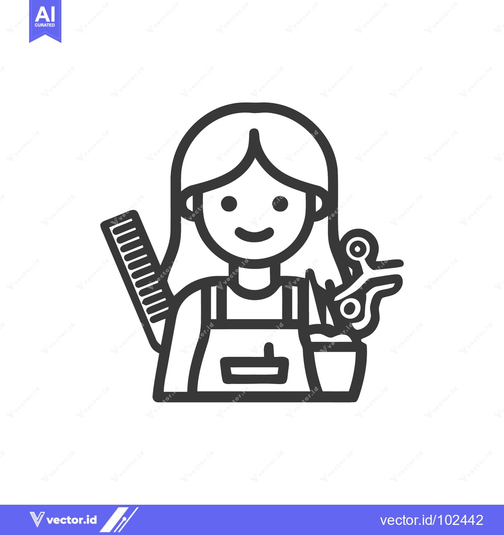 Premium Vector of Friendly Hairdresser Woman Line Art Icon with Comb and Scissors, a Min