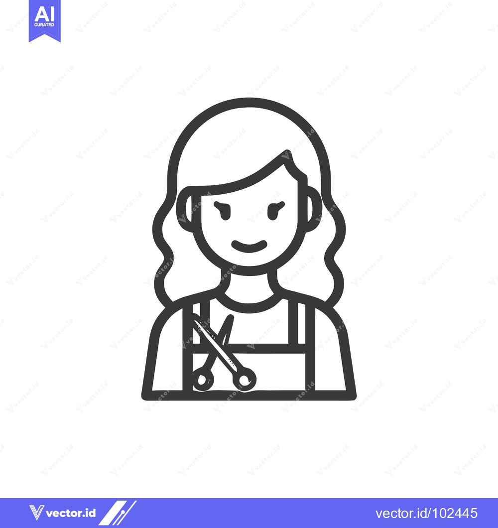 Premium Vector of Minimalist Line Art Icon of Smiling Female Hairdresser with Scissors a