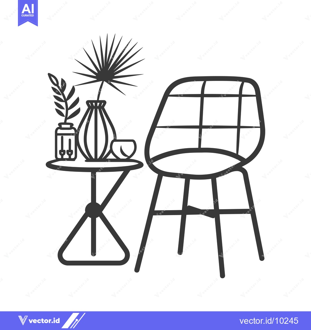 Premium Vector dari A Black and White Illustration of a Chair and Table with Plants