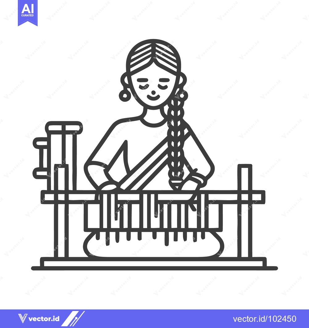 Premium Vector dari Serene Indian Weaver at a Traditional Handloom, Minimalist Line Art Ic