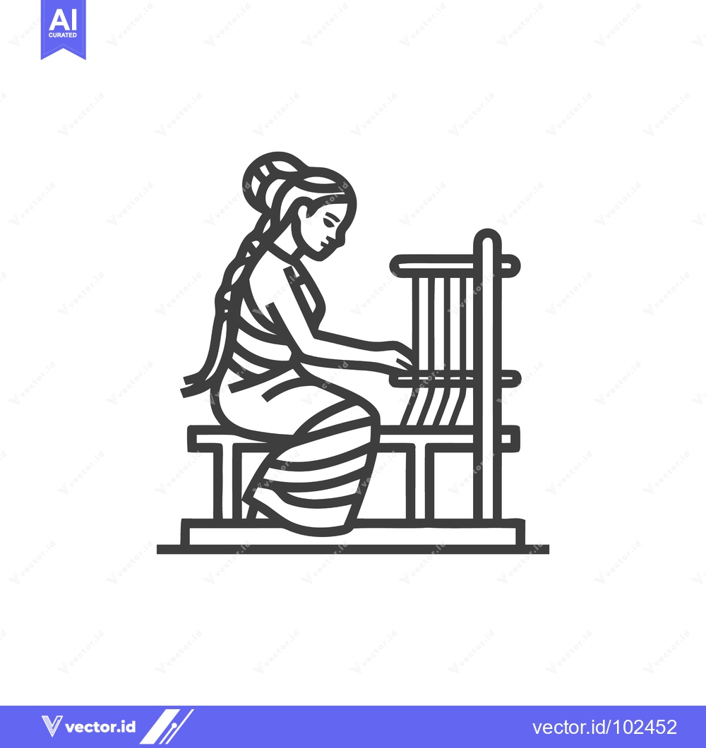Premium Vector of Minimalist Line Art Icon of a Woman Weaving on a Traditional Handloom