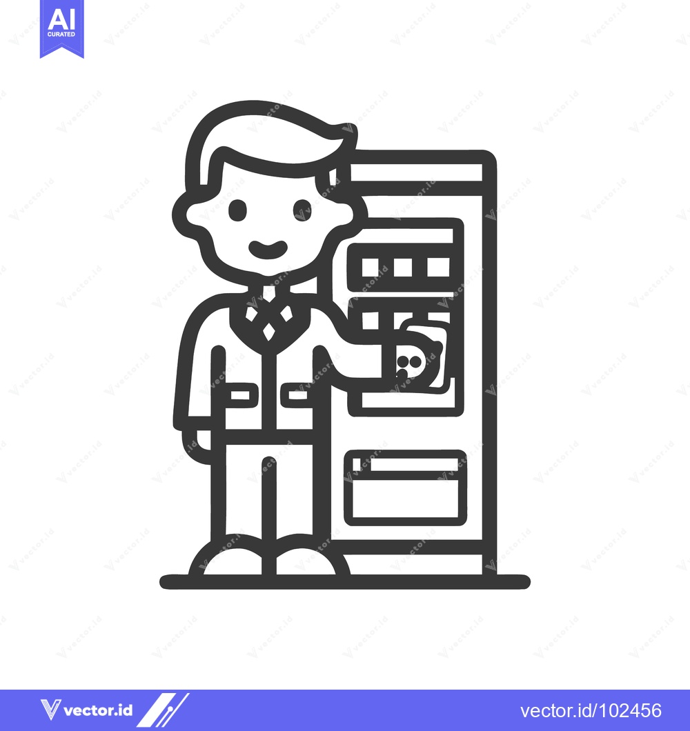 Premium Vector of Monochrome Line Art Icon of a Smiling Man Purchasing from a Vending Ma