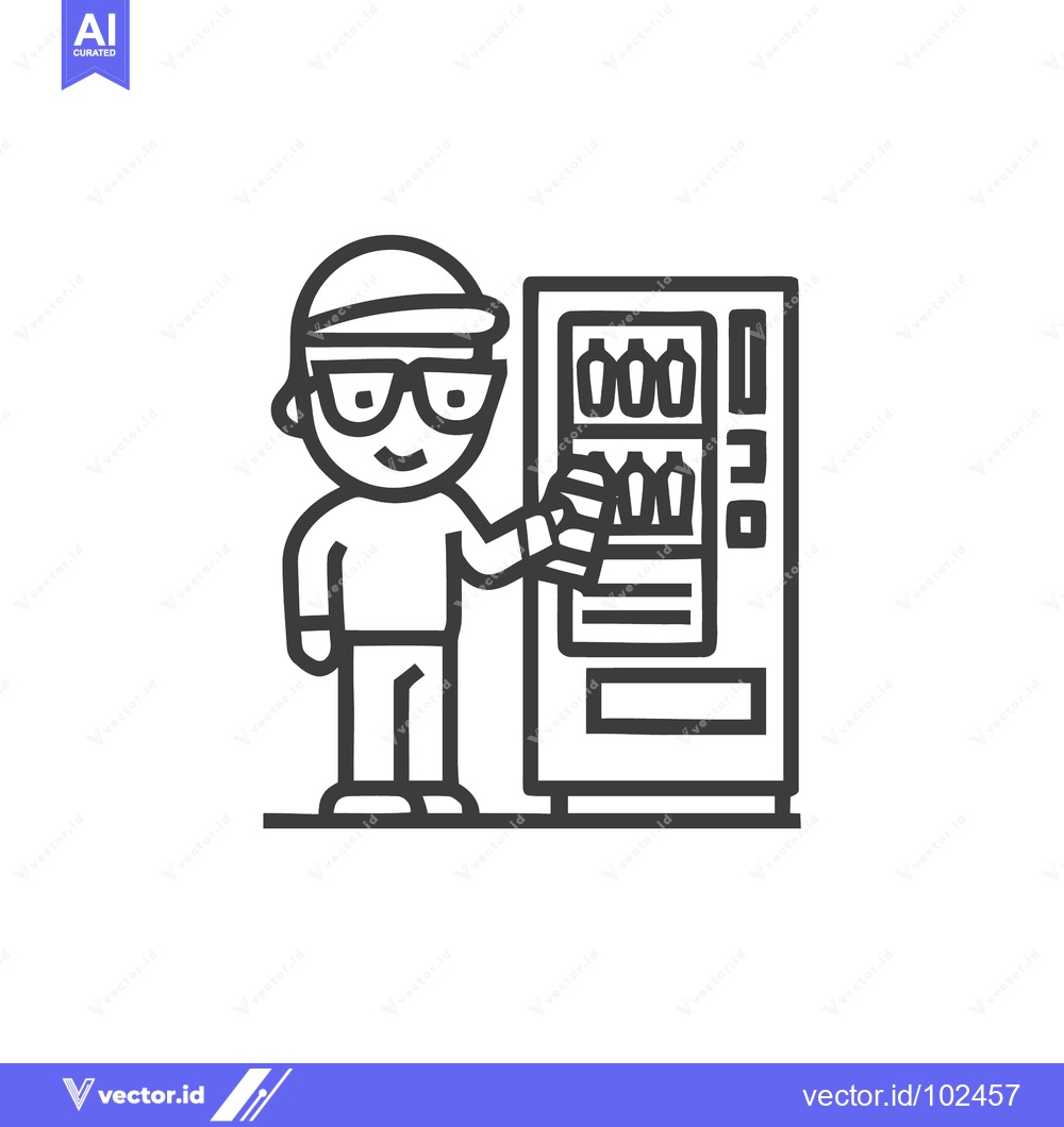 Premium Vector dari Smiling Man with Glasses at a Beverage Vending Machine Line Art Icon