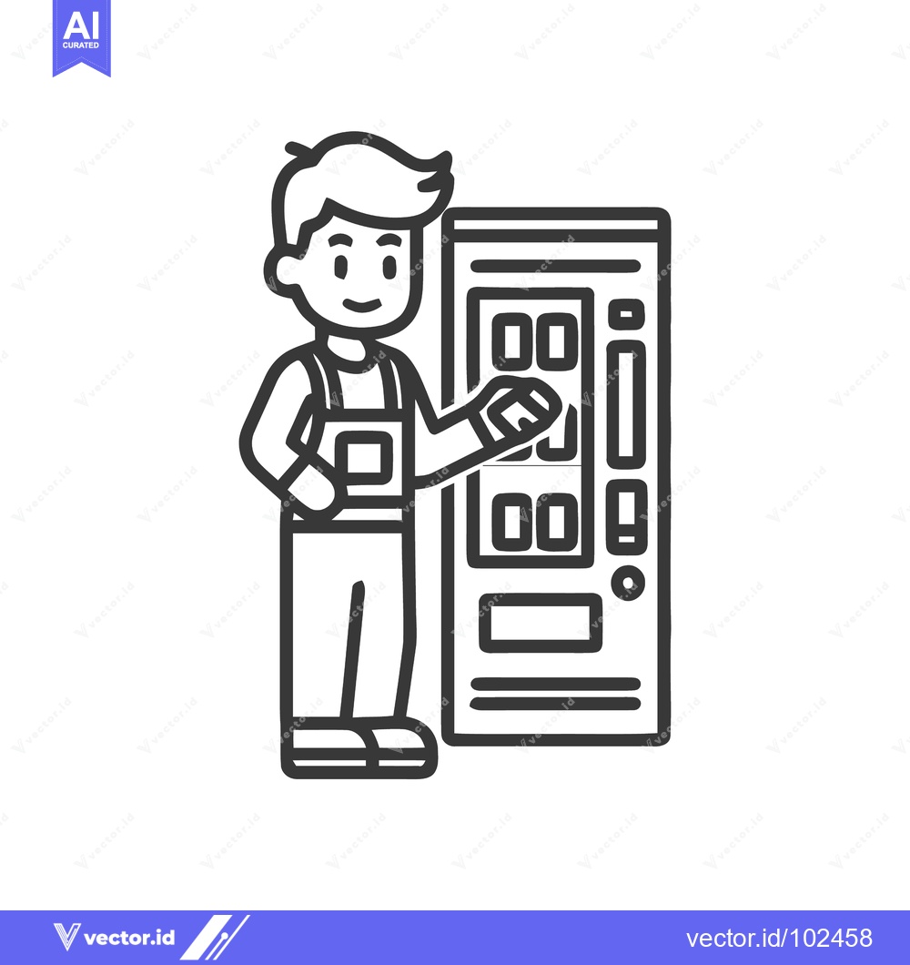 Premium Vector dari Friendly Technician in Overalls Standing by a Vending Machine Line Art