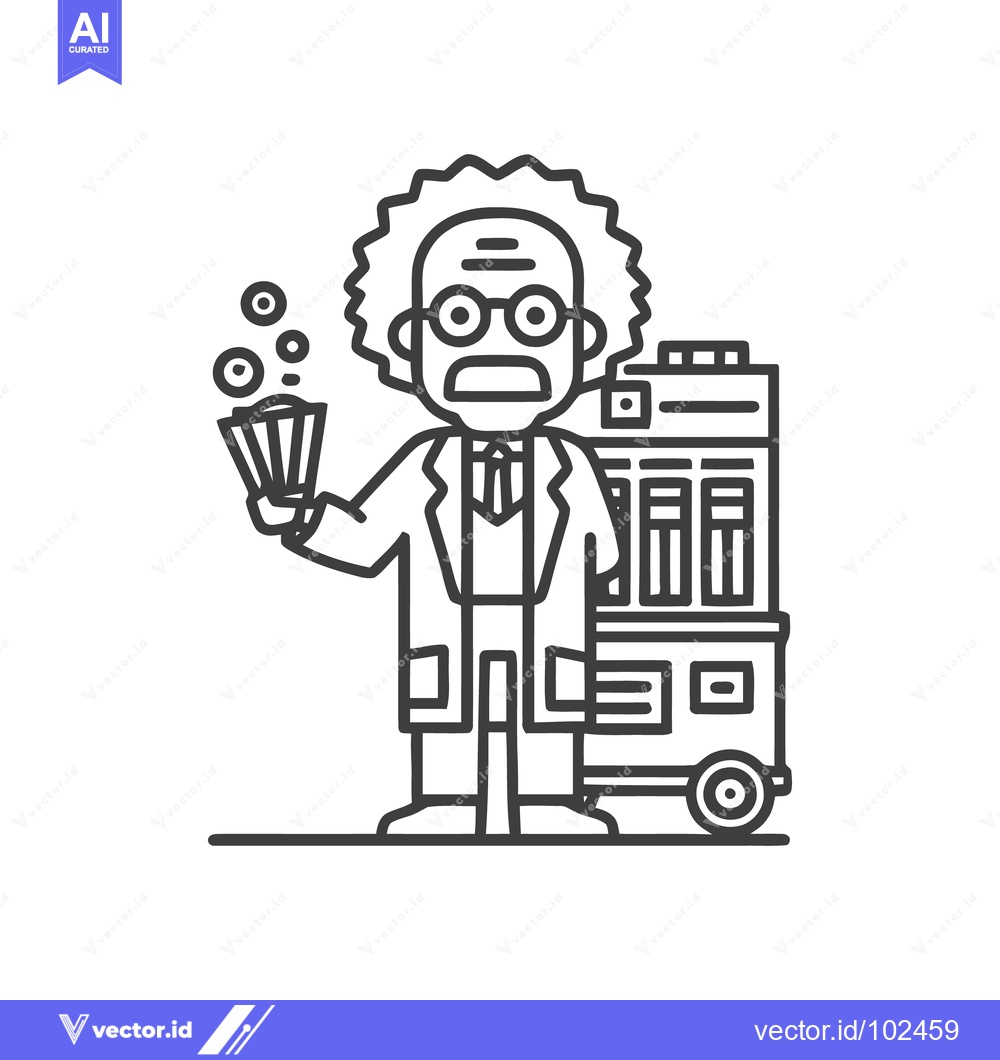 Premium Vector of Eccentric Scientist with Bubbling Concoction and Machine Line Icon