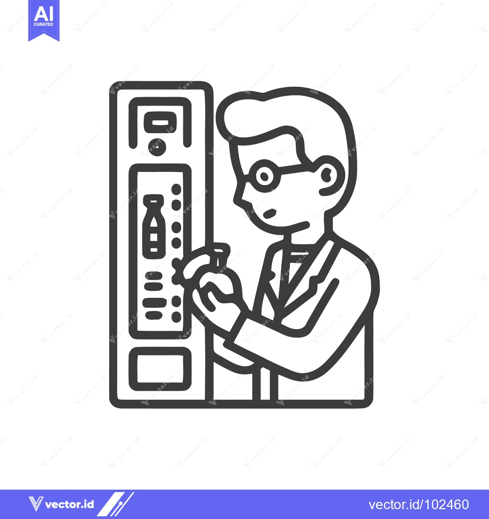 Premium Vector dari Scientist at Vending Machine, Minimalist Line Art Icon for Refreshment