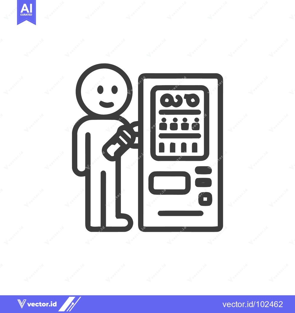 Premium Vector of Cheerful stick figure with a soda can next to a vending machine, a min