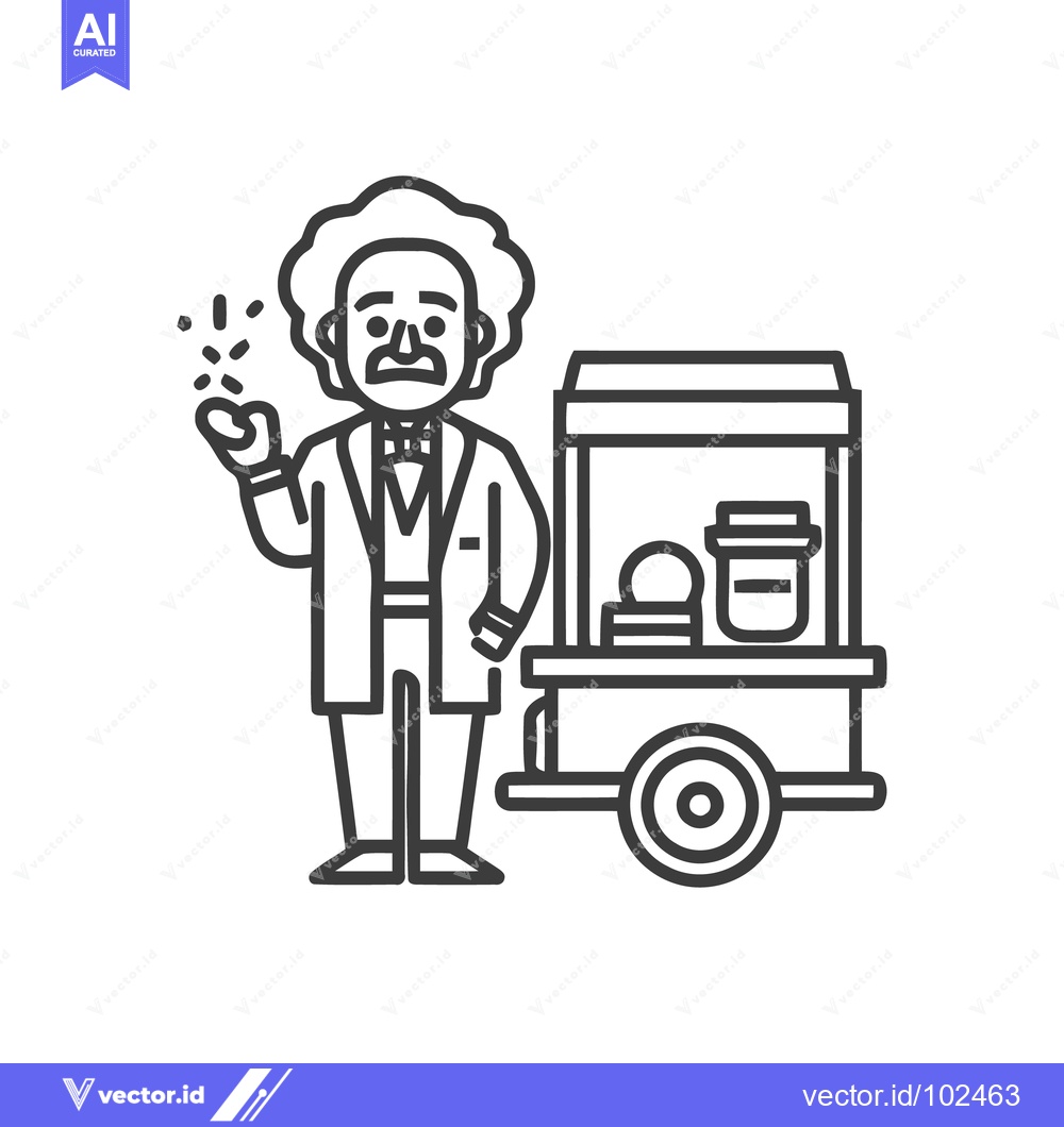 Premium Vector of Quirky Scientist Caricature with Street Food Cart Line Icon