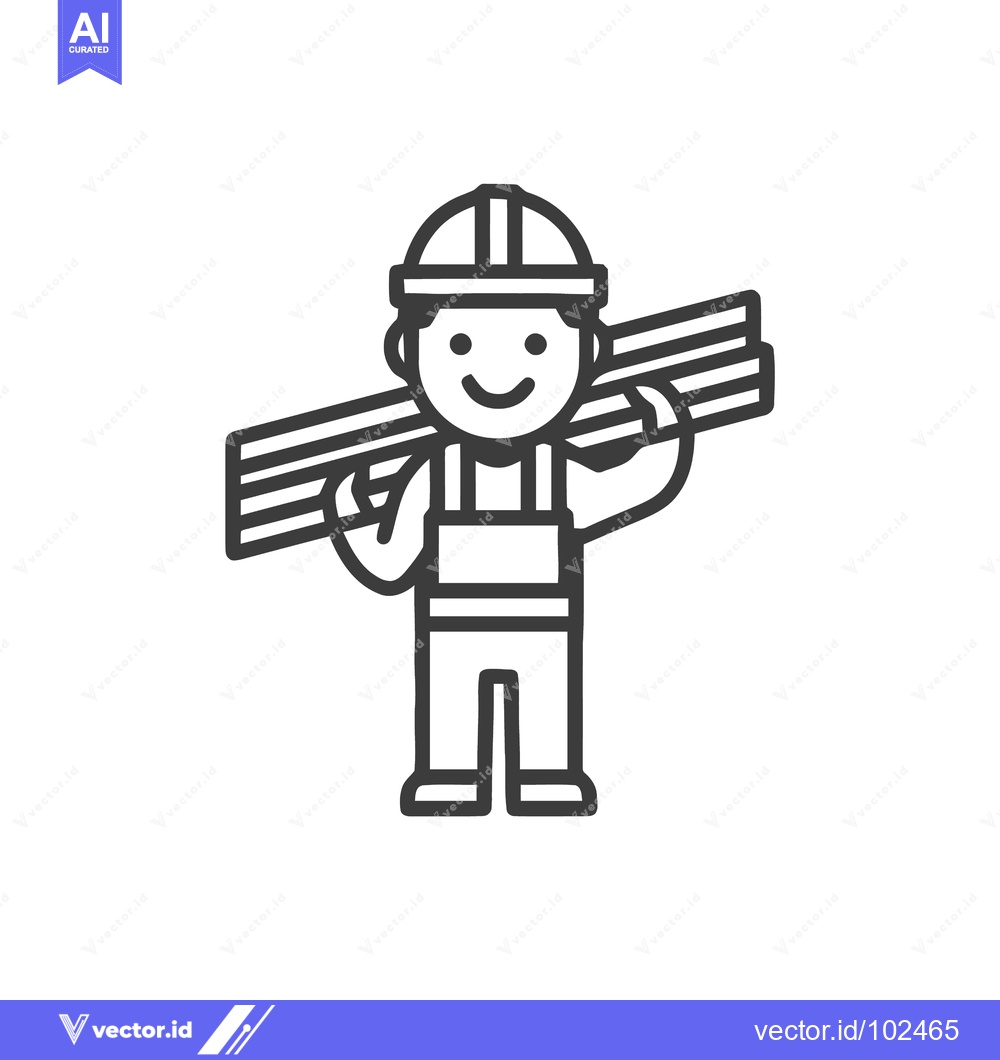 Premium Vector of Monochrome Line Art of a Happy Builder with Planks on Shoulder