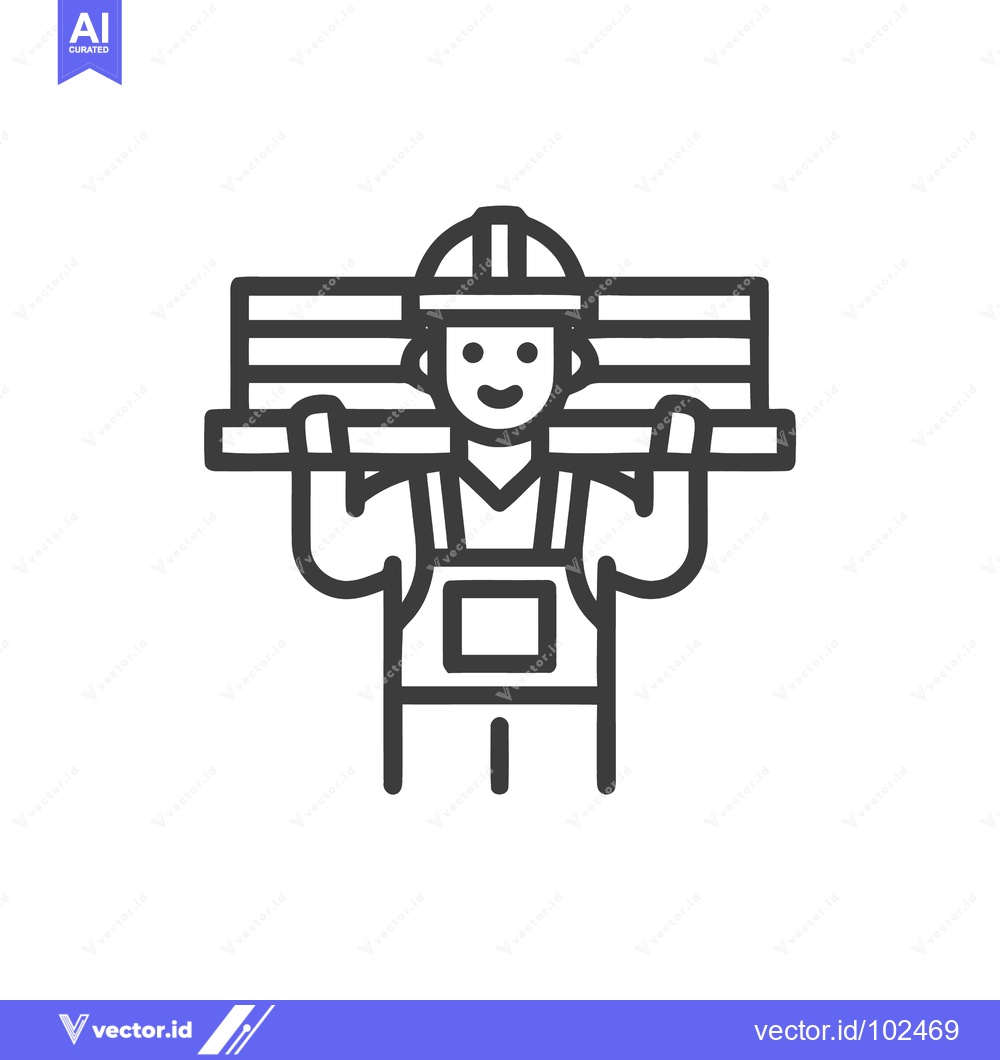 Premium Vector dari Smiling Construction Worker Carrying Wooden Beams, Clean Line Art Icon