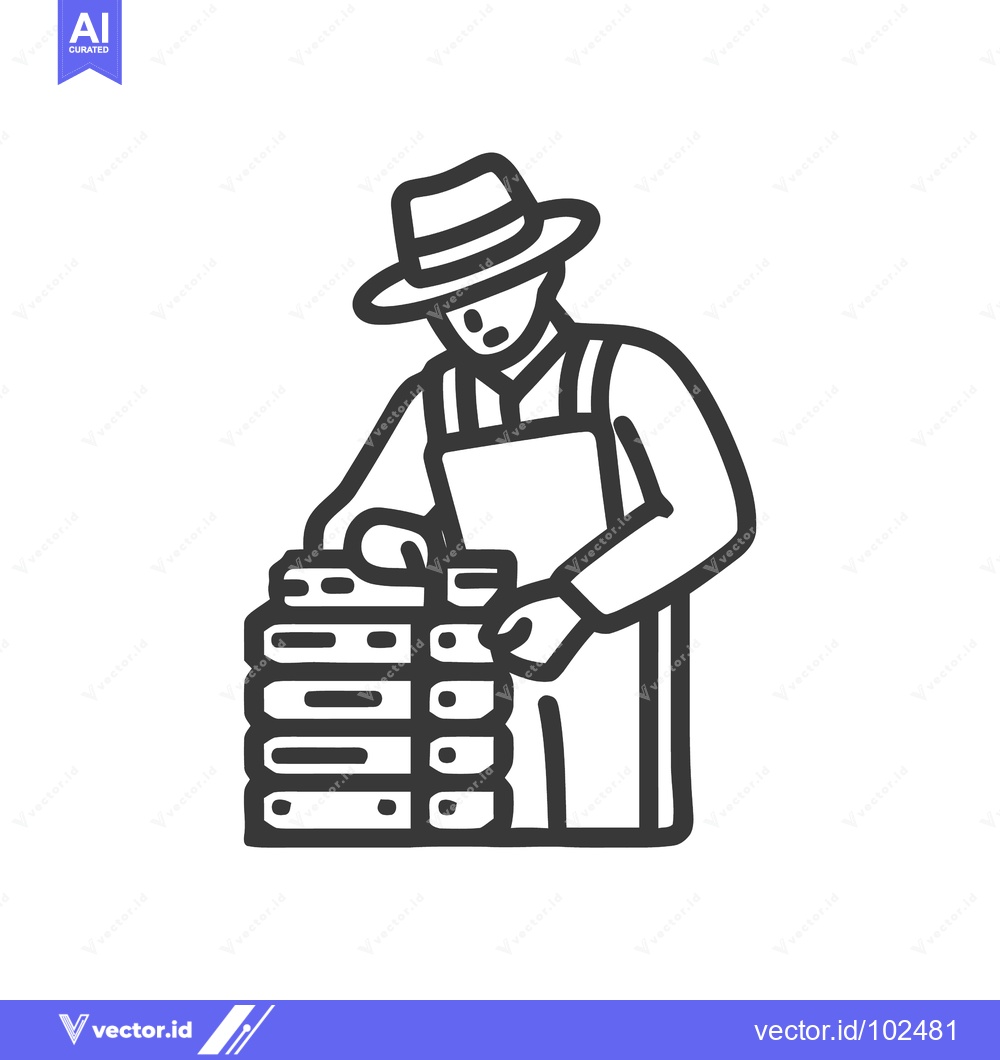 Premium Vector dari Beekeeper in a Fedora Inspecting Stacked Beehive Frames Line Art Icon