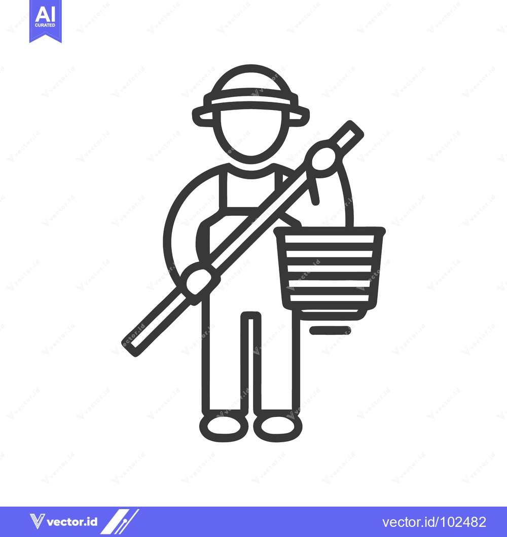 Premium Vector dari Bold line art icon of a worker in overalls and hat, holding a bucket a