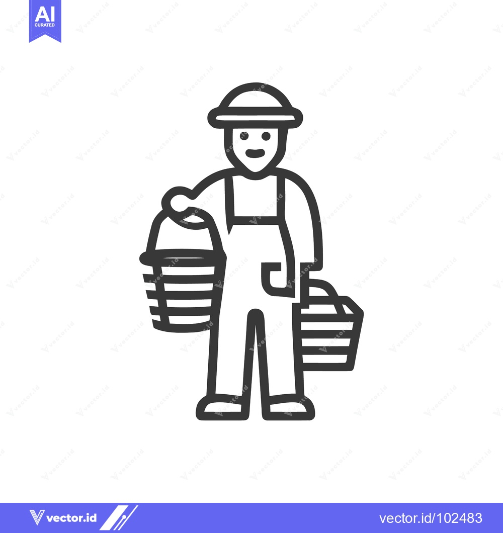 Premium Vector dari Friendly Farmer in Overalls Holding Harvest Baskets Line Art Icon