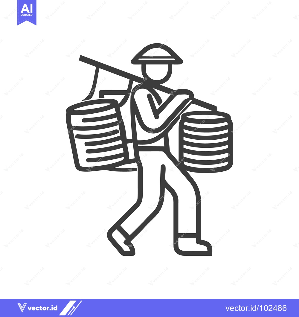 Premium Vector of Stylized Line Art Icon of an Asian Farmer with a Shoulder Pole