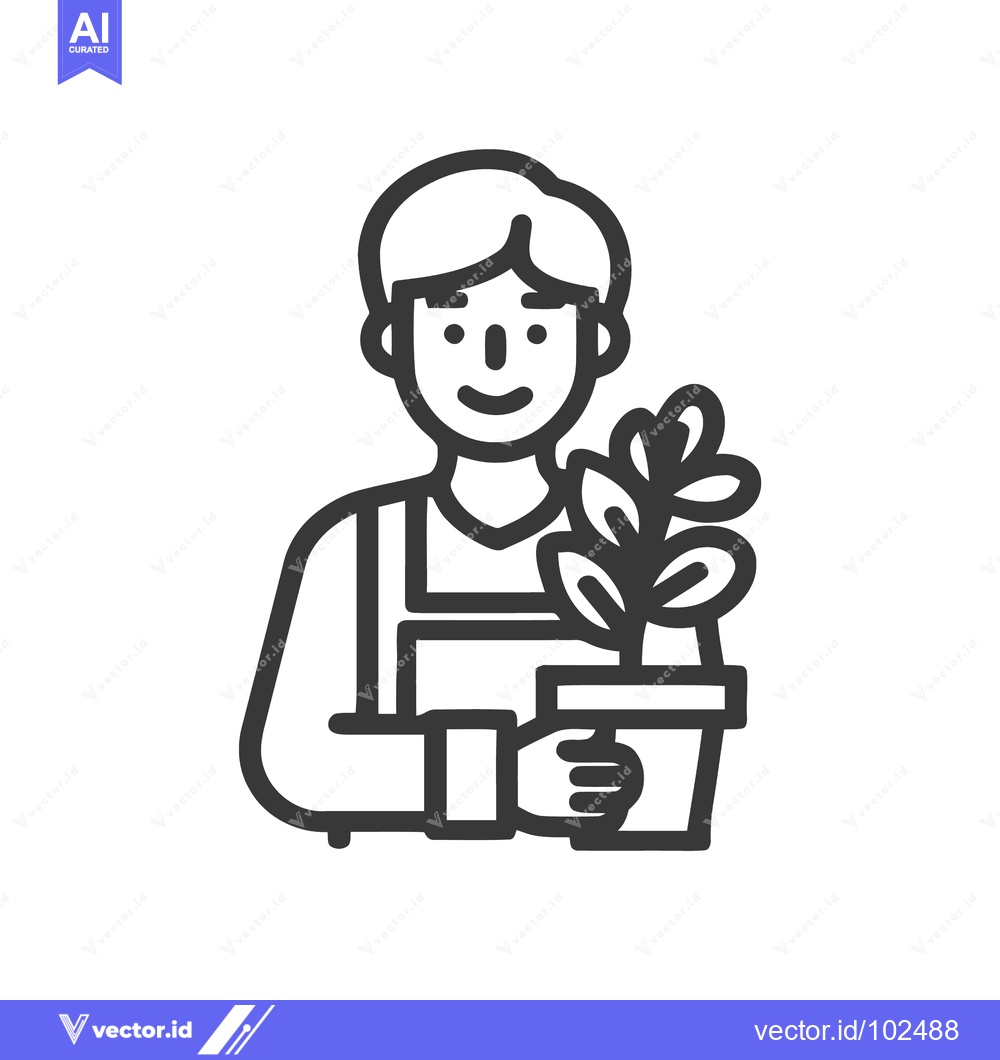 Premium Vector dari Joyful Gardener in Apron Holding a Potted Plant, Minimalist Line Icon