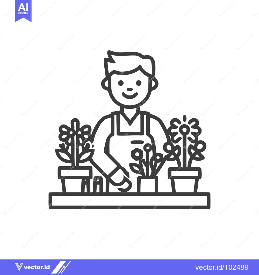 Premium Vector dari Joyful Gardener Behind a Counter with Flowers, Clean Line Art Design