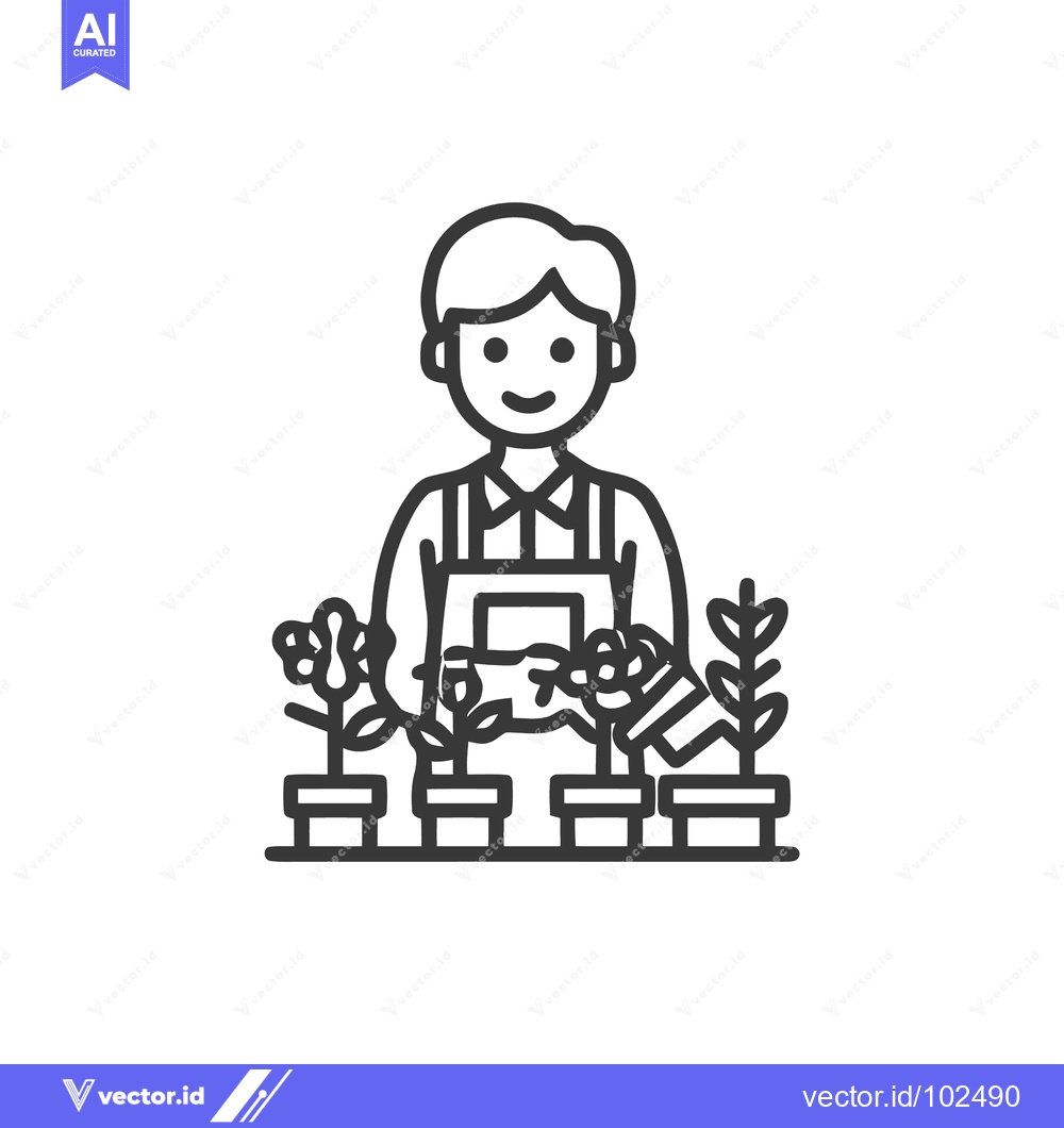 Premium Vector dari Joyful Gardener in Apron Tending Potted Plants Minimalist Line Art
