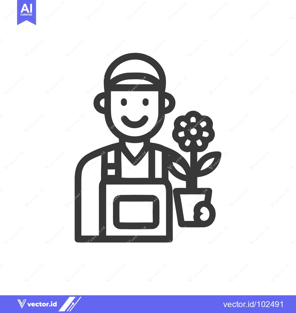 Premium Vector dari Friendly Gardener Character Holding a Potted Flower, Line Art Icon