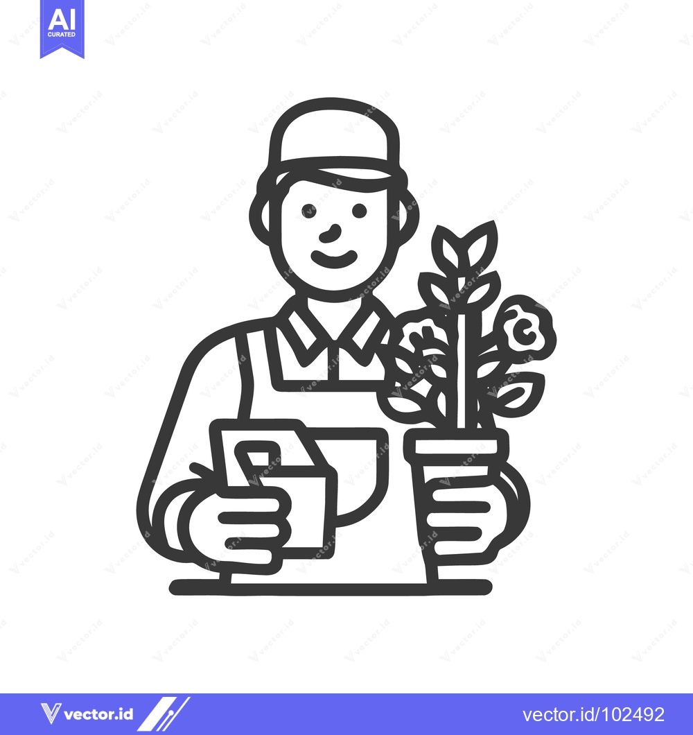 Premium Vector dari Joyful Gardener Nurturing a Blooming Rose, Minimalist Line Illustratio