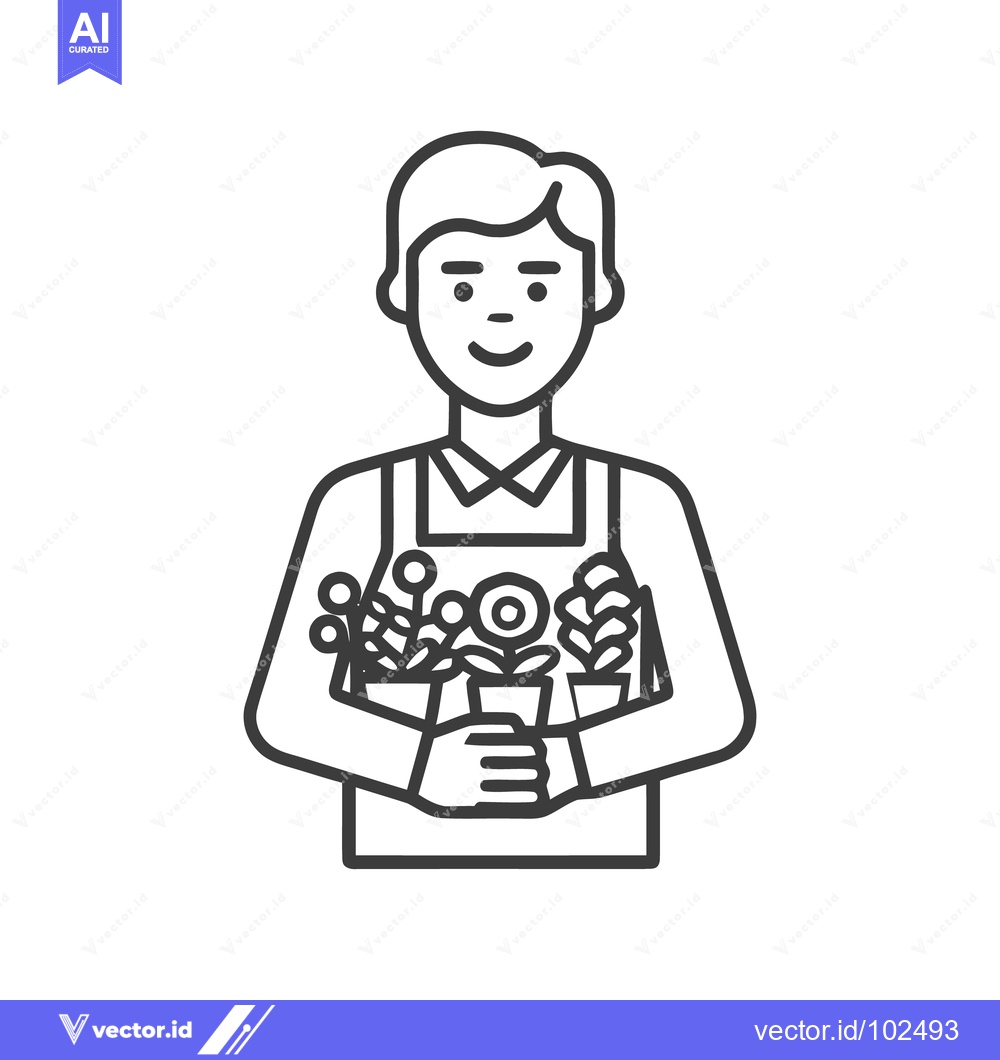 Premium Vector dari Friendly Male Florist Holding Potted Plants, Minimalist Line Art Icon