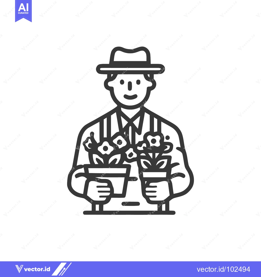 Premium Vector dari Smiling Gardener in a Hat Holding Two Potted Flowers Line Art