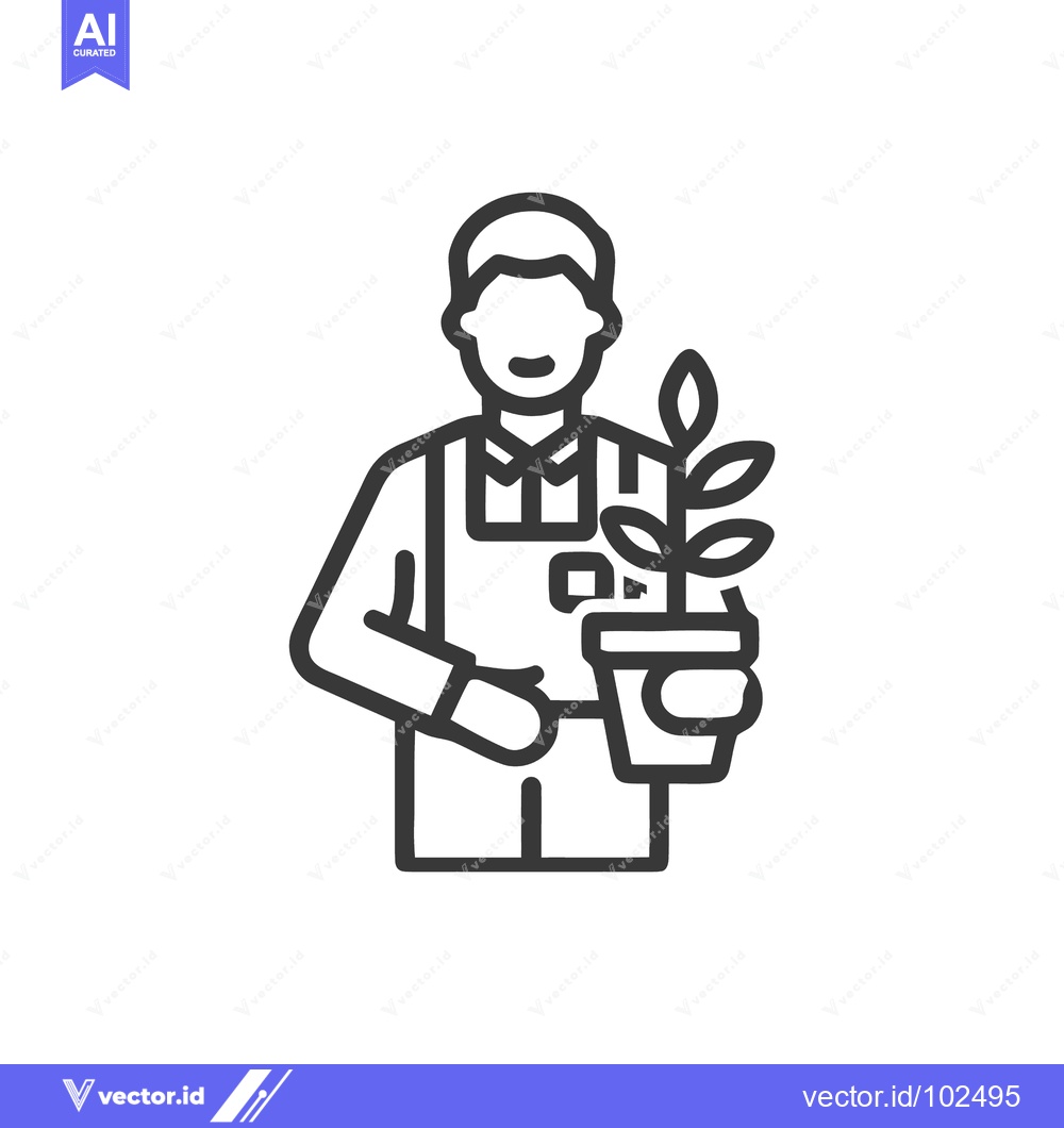 Premium Vector of Smiling Gardener in Apron Holding a Potted Plant, Minimalist Outline I