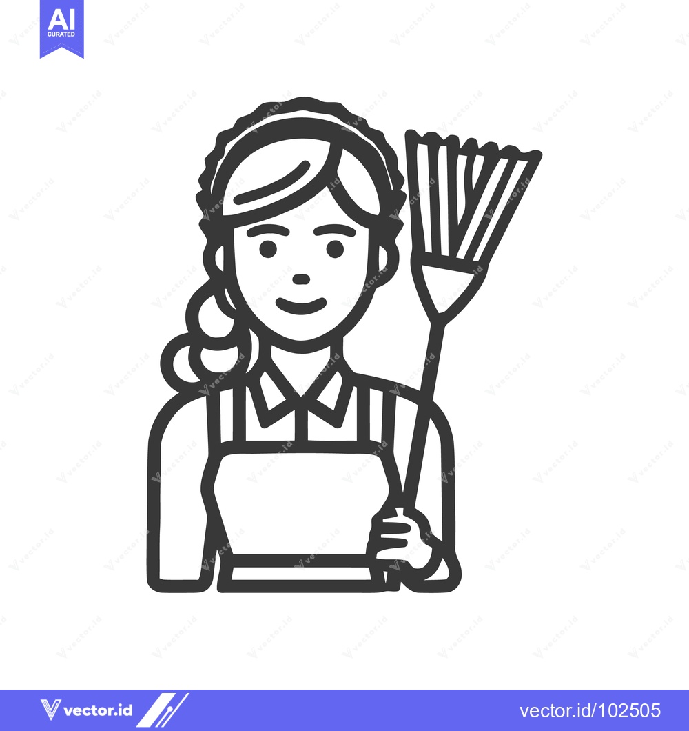 Premium Vector dari Friendly Housekeeper with Feather Duster, Minimalist Line Art Icon