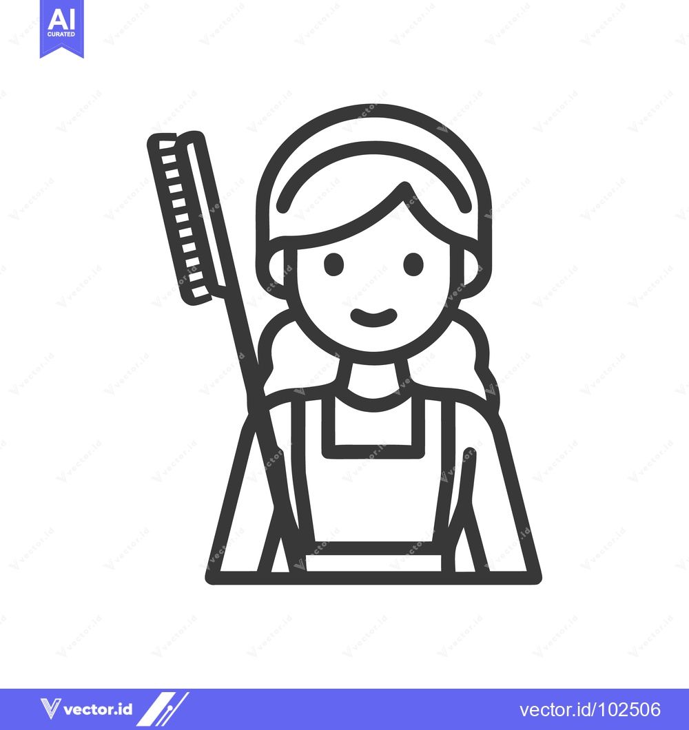 Premium Vector of Smiling cleaning lady with brush and apron, a minimalist monochrome li