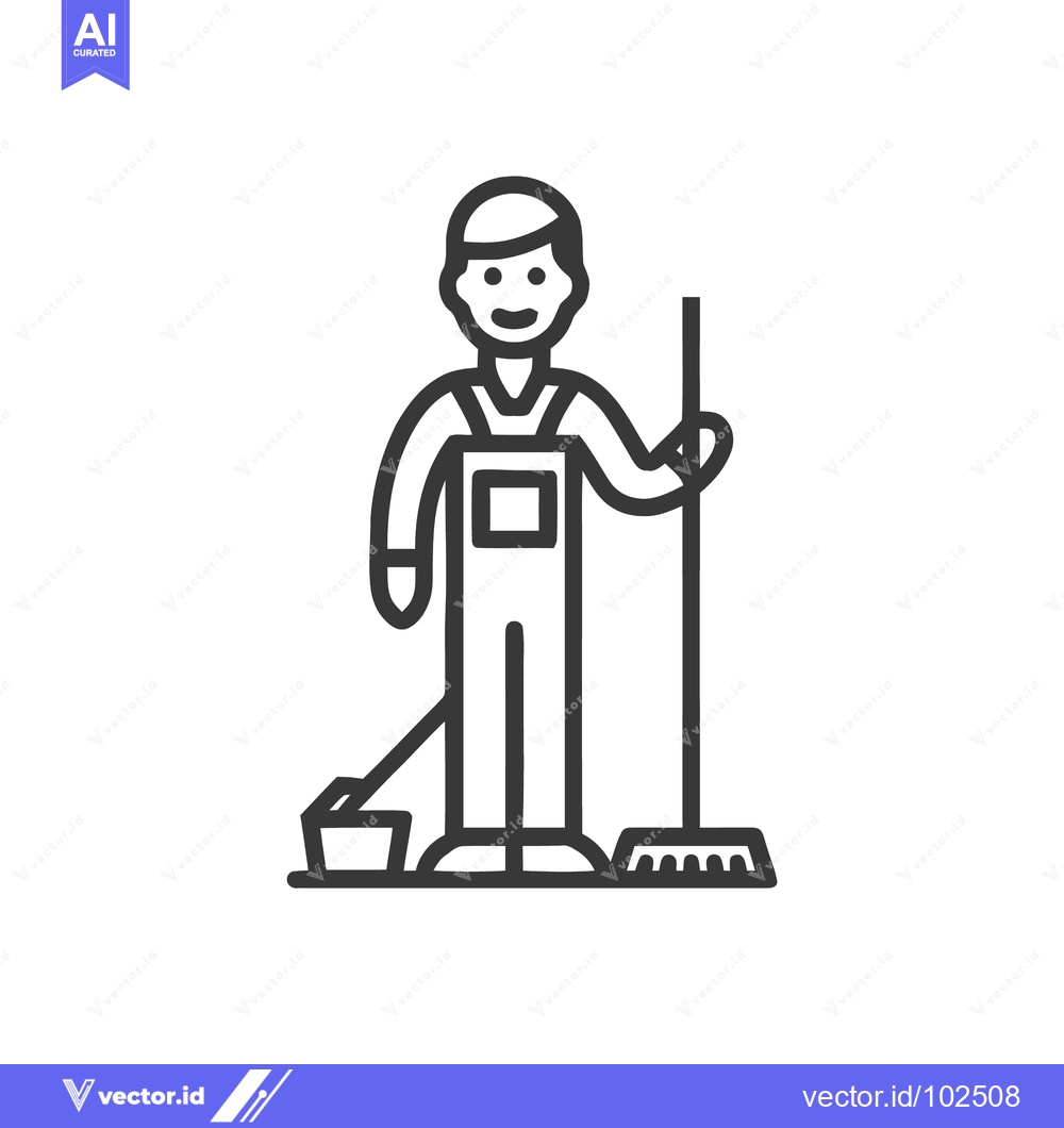 Premium Vector of Cheerful Cleaner with Broom and Dustpan, Minimalist Line Art Vector Ic