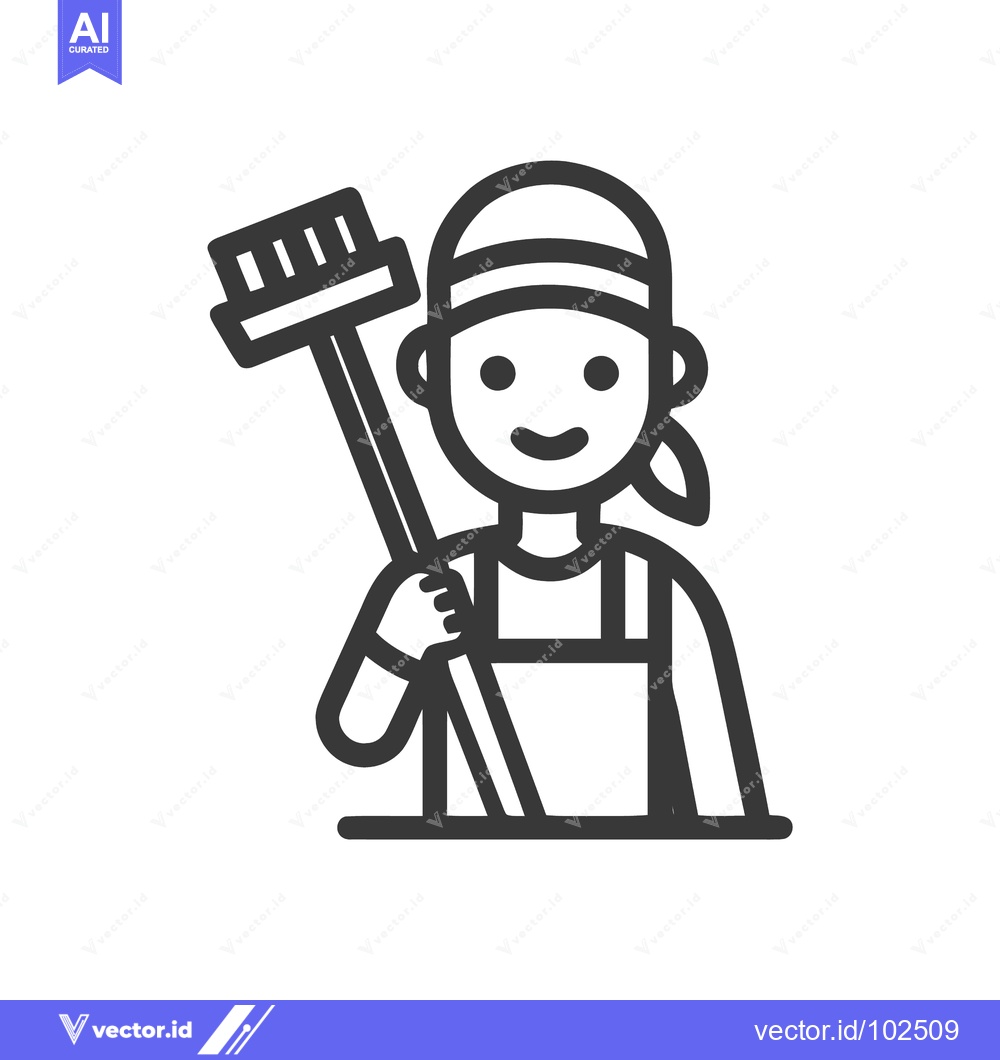 Premium Vector dari Cheerful Female Cleaner with Broom and Bandana, Minimalist Line Art Ic