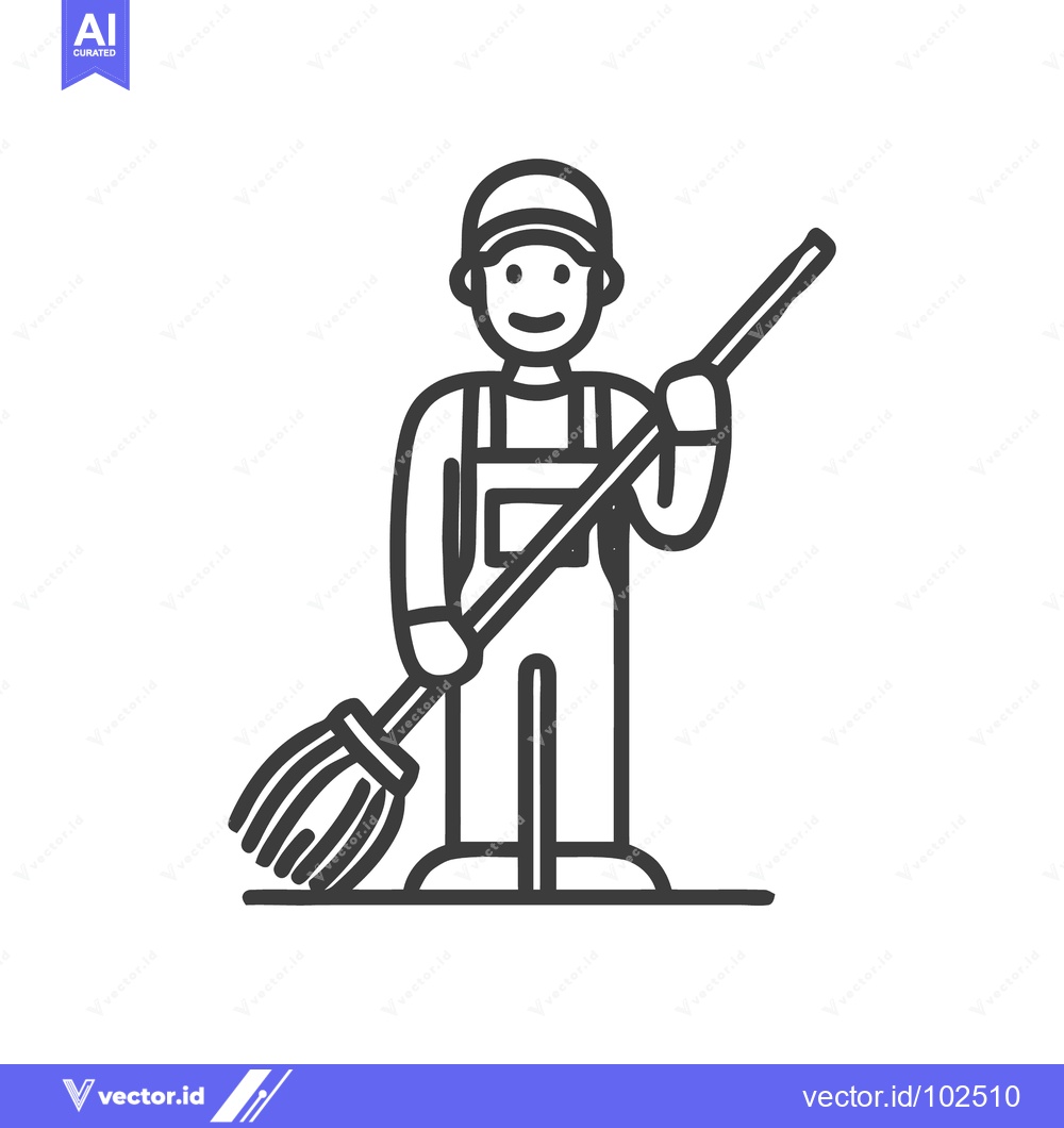 Premium Vector dari Friendly Janitor with Broom Minimalist Line Art Icon