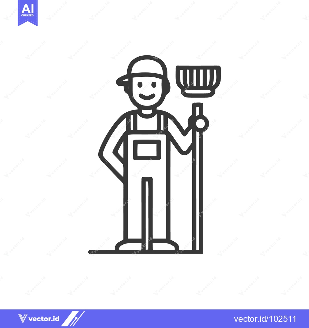 Premium Vector dari Cheerful Janitor in Overalls with Broom, Minimalist Line Art Icon
