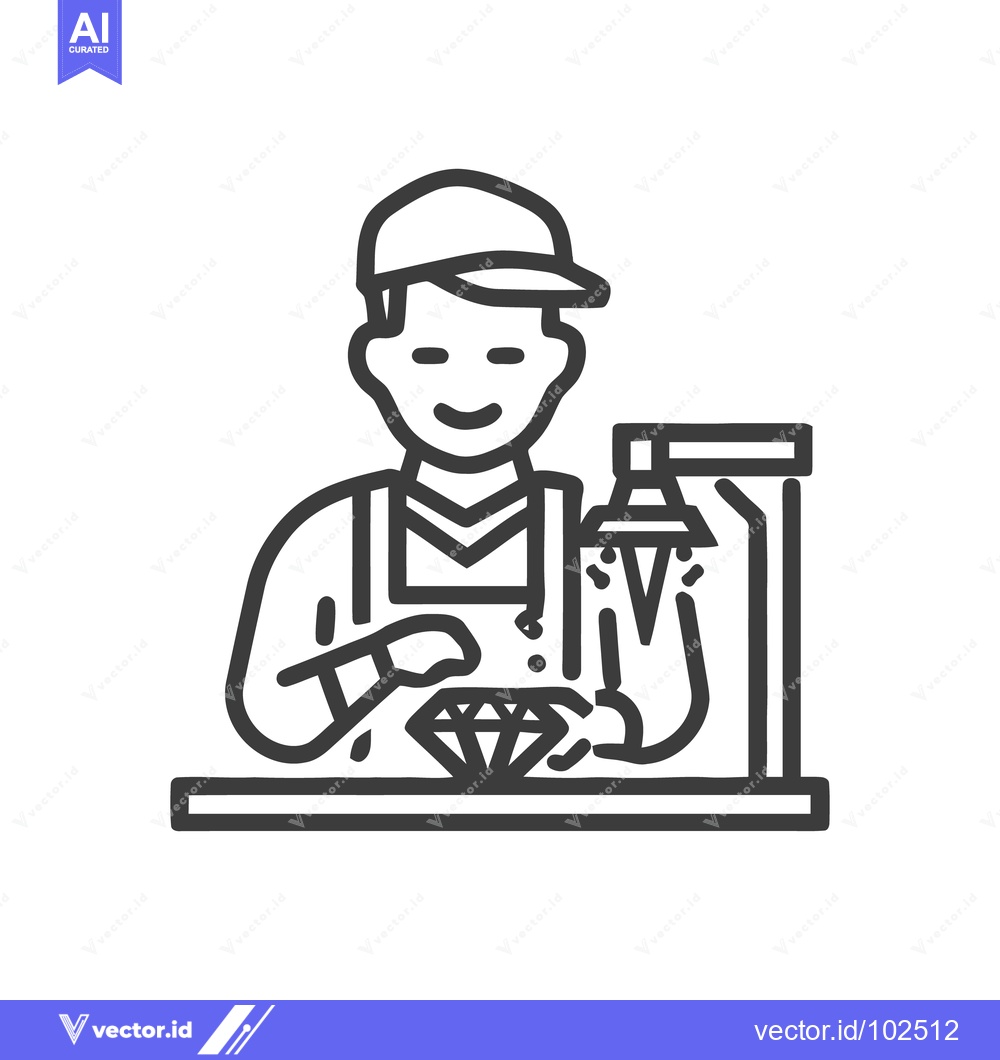 Premium Vector of Skilled Jeweler at a Workbench Inspecting a Diamond, Line Art Icon
