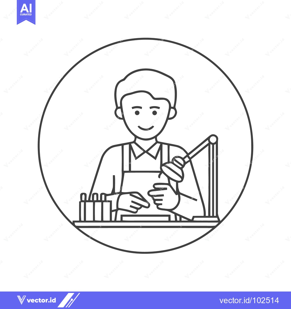 Premium Vector of Smiling Craftsman at Workbench with Soldering Iron, Line Art Icon