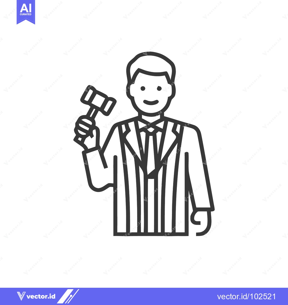 Premium Vector of Black and White Outline Icon of a Smiling Judge Holding a Gavel