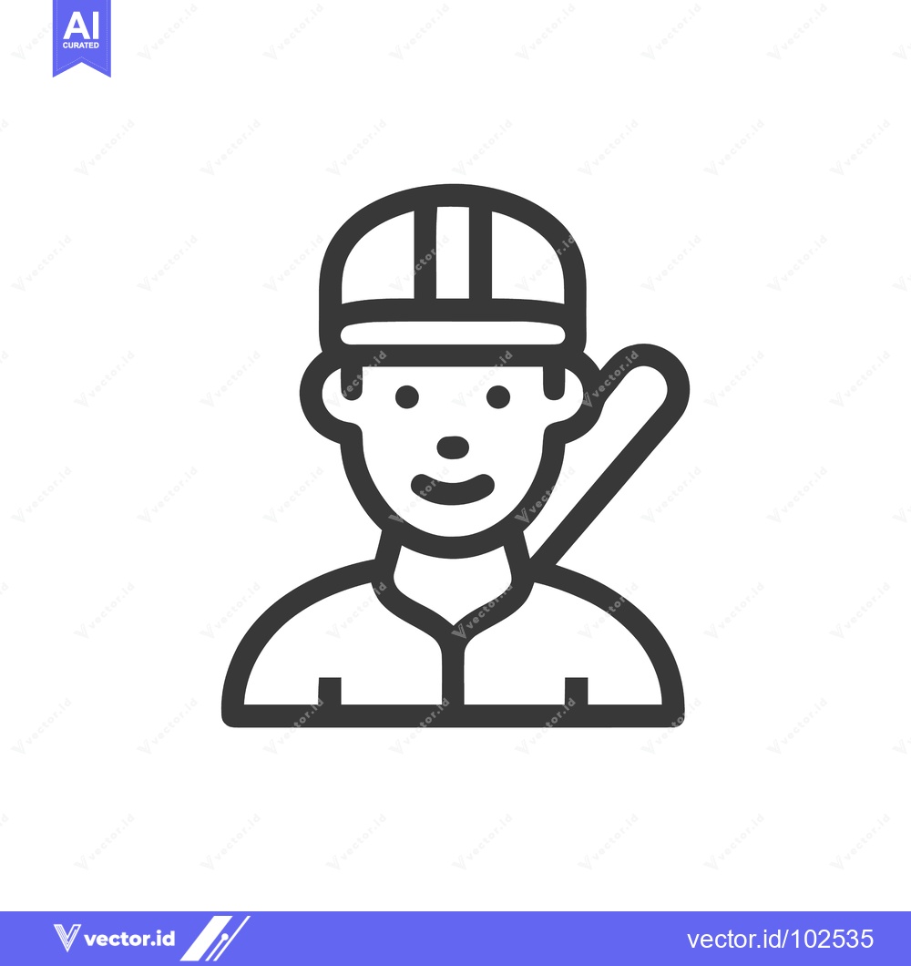 Premium Vector dari Simple Outline Icon of a Baseball Player with Bat and Cap, Smiling, fo