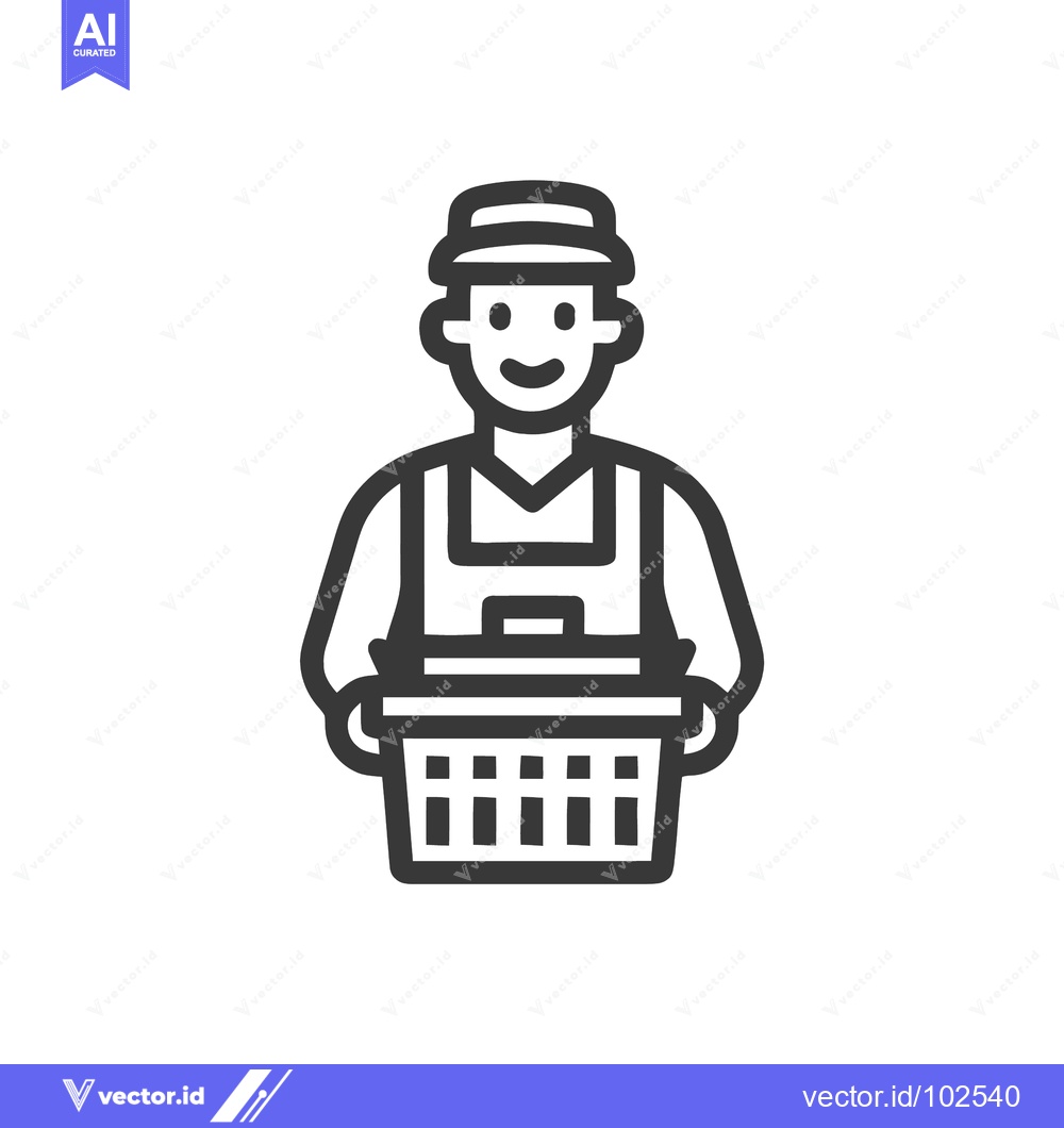 Premium Vector of Friendly Line Art Icon of Person in Hat Holding Shopping Basket, Ready