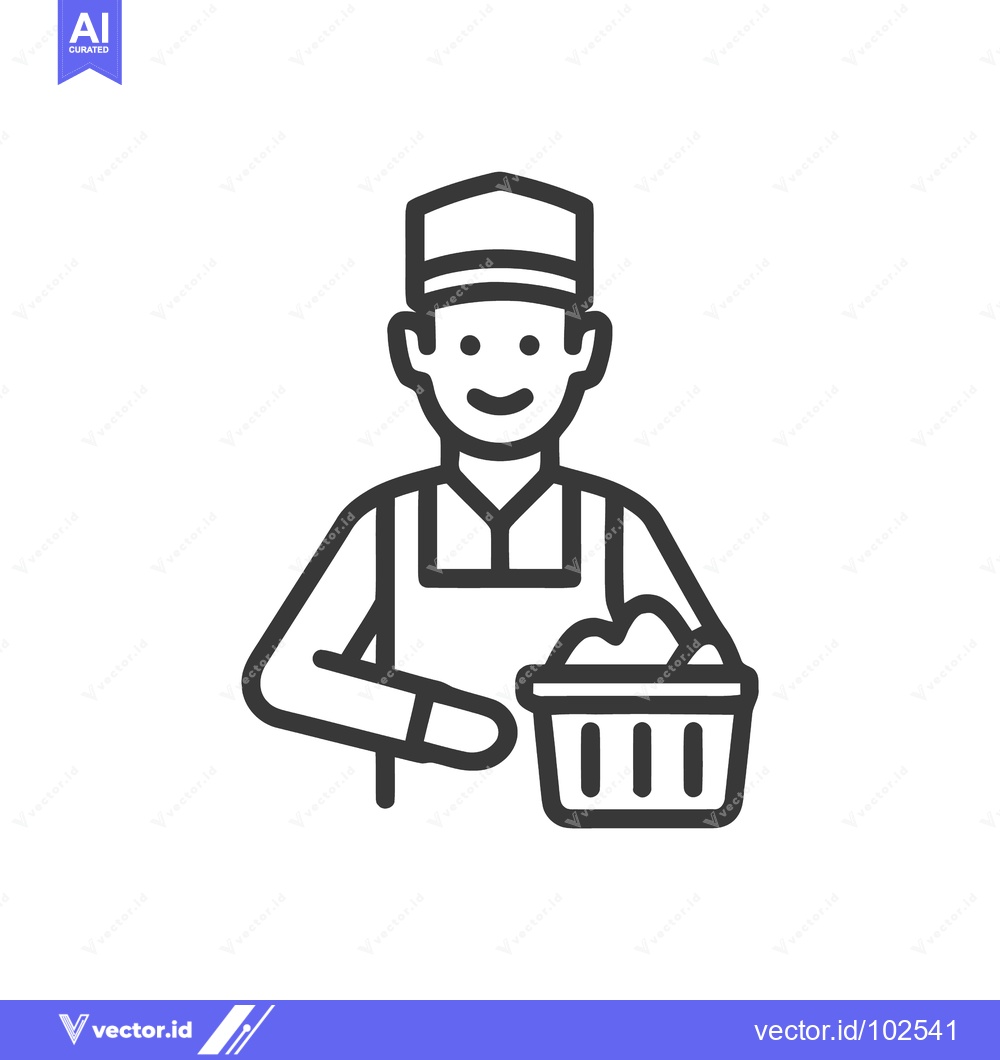 Premium Vector of Smiling Laundry Worker Icon with Basket, Simple Line Art Vector Illust