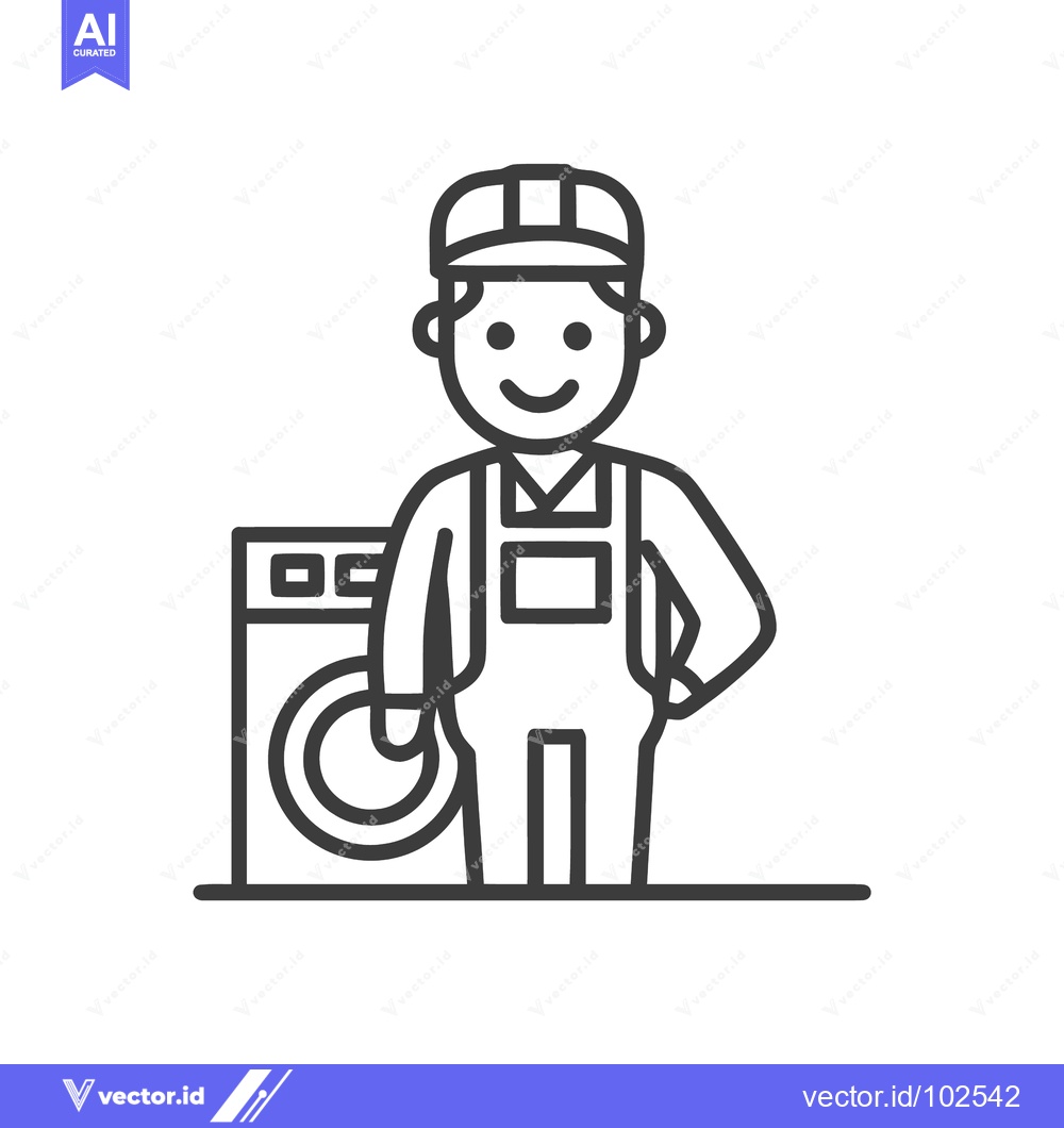 Premium Vector of Smiling Appliance Repairman Icon Standing Beside Washing Machine, Prof