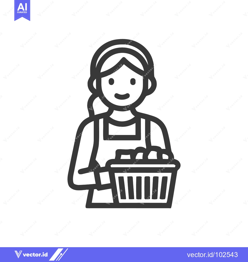 Premium Vector of Minimalist Line Art Icon of Smiling Woman in Apron Holding Laundry Bas