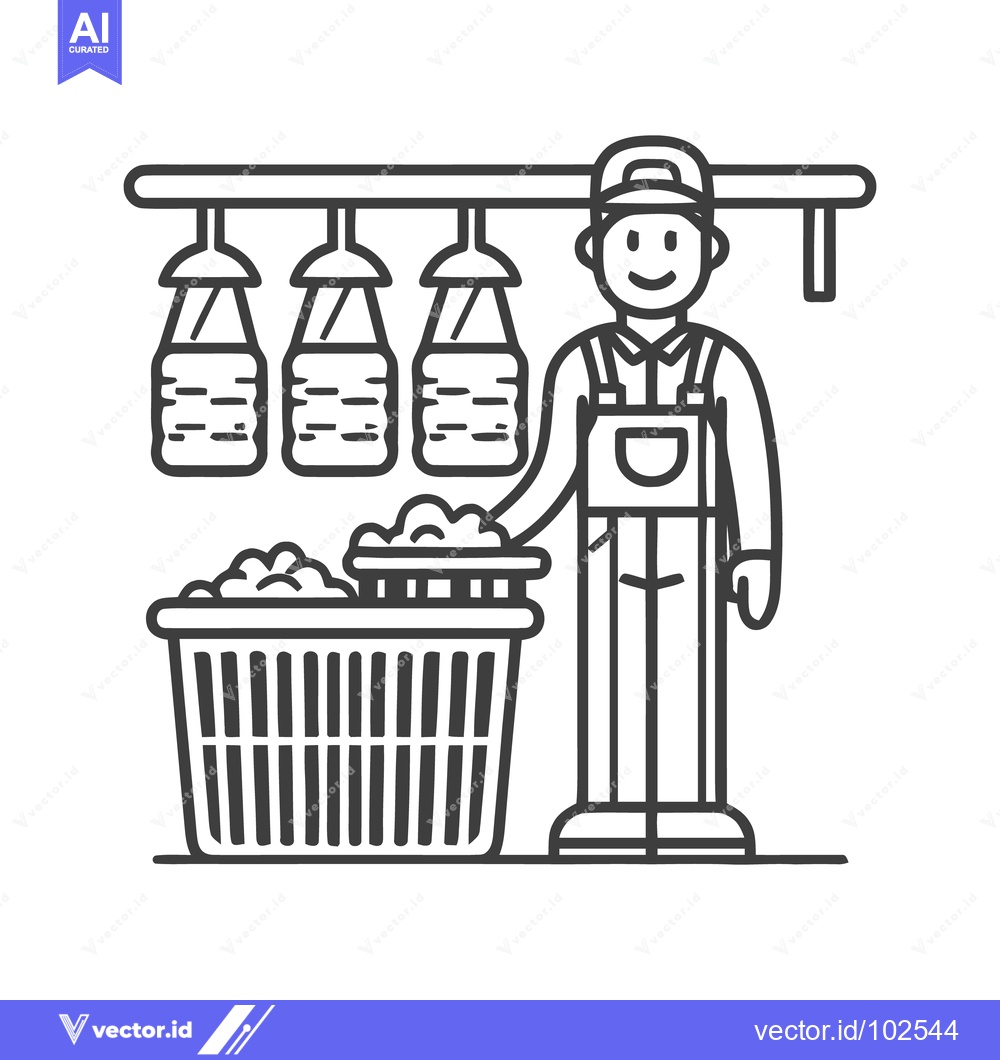 Premium Vector dari Minimalist Line Art Icon: Smiling Man in Overalls with Laundry Basket