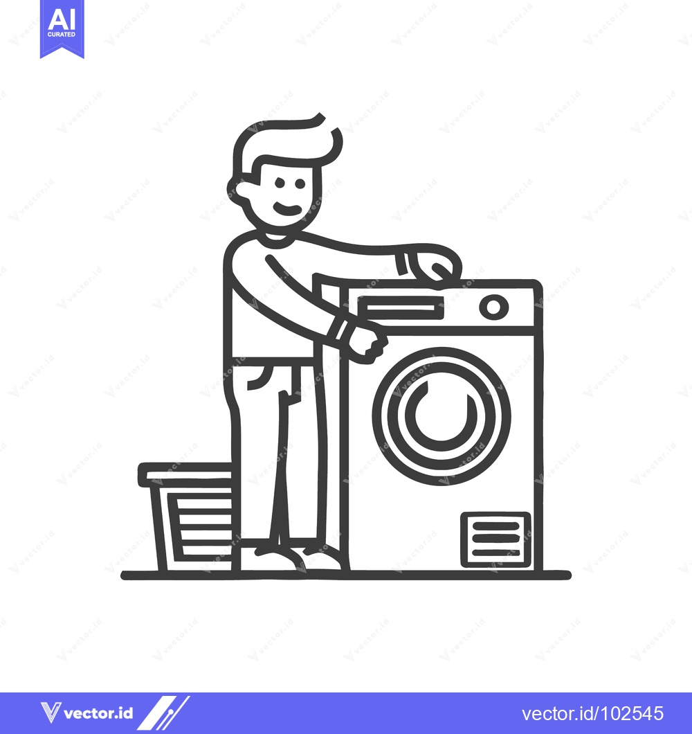 Premium Vector dari Cheerful Man Loading Washing Machine, Simple Line Art Icon. Happy Hous