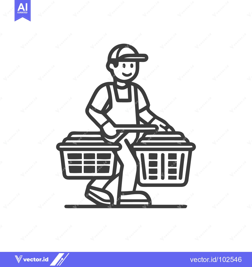 Premium Vector of Happy Person Carrying Laundry Baskets on Pole - Monoline Icon for Hous