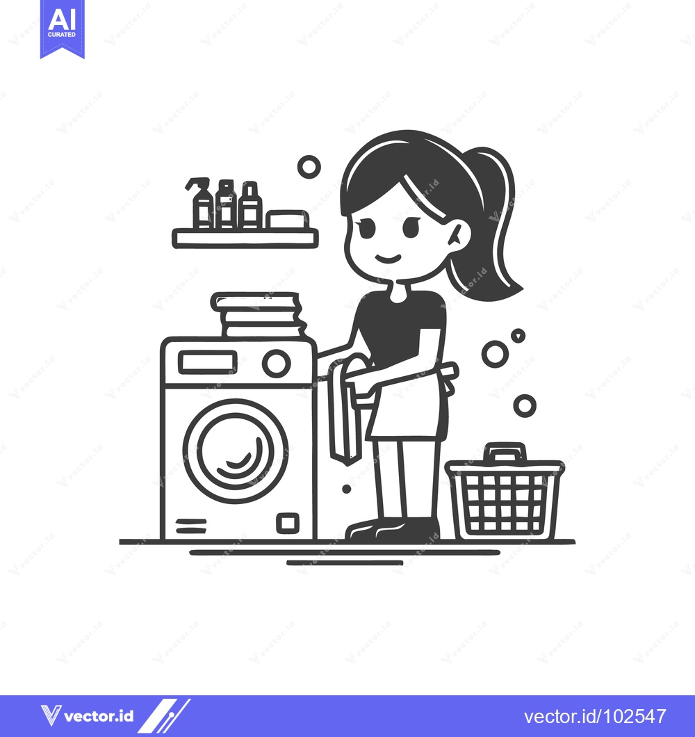 Premium Vector of Charming Monochrome Illustration of a Smiling Woman Doing Laundry with