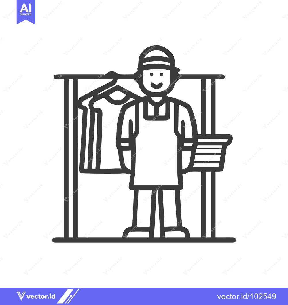 Premium Vector dari Stylized Line Art Icon of Smiling Laundry or Retail Worker with Clothi