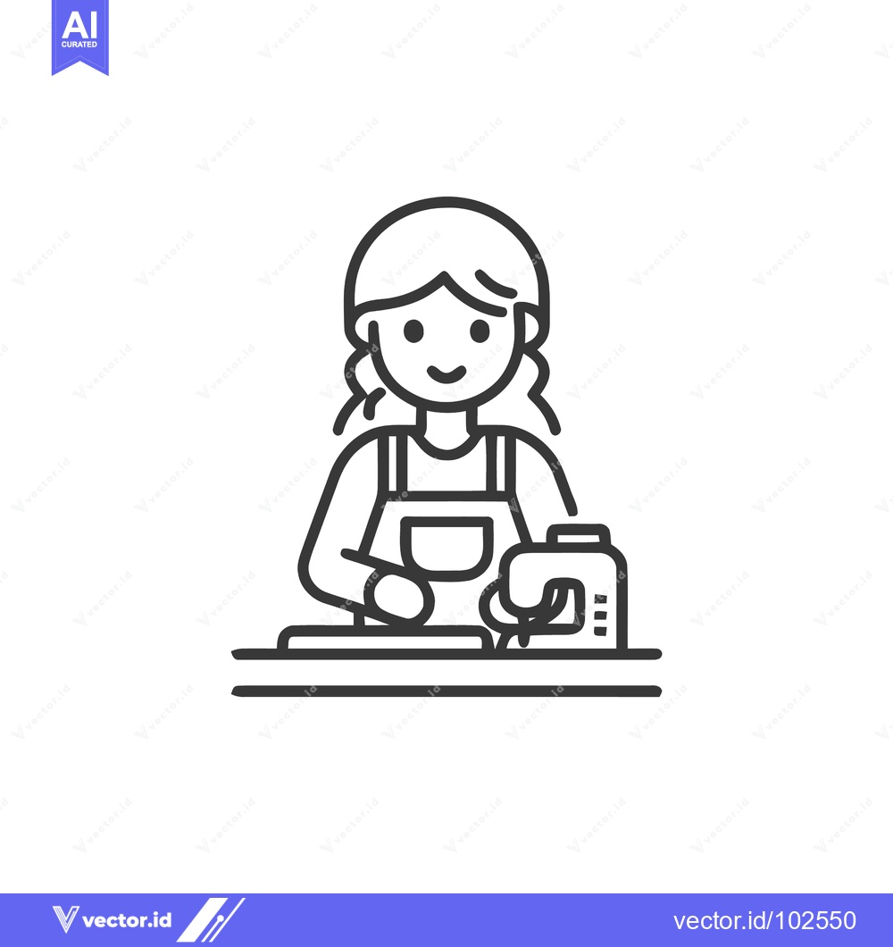 Premium Vector of Minimalist Line Art Icon of Happy Woman Sewing with Machine, Crafting