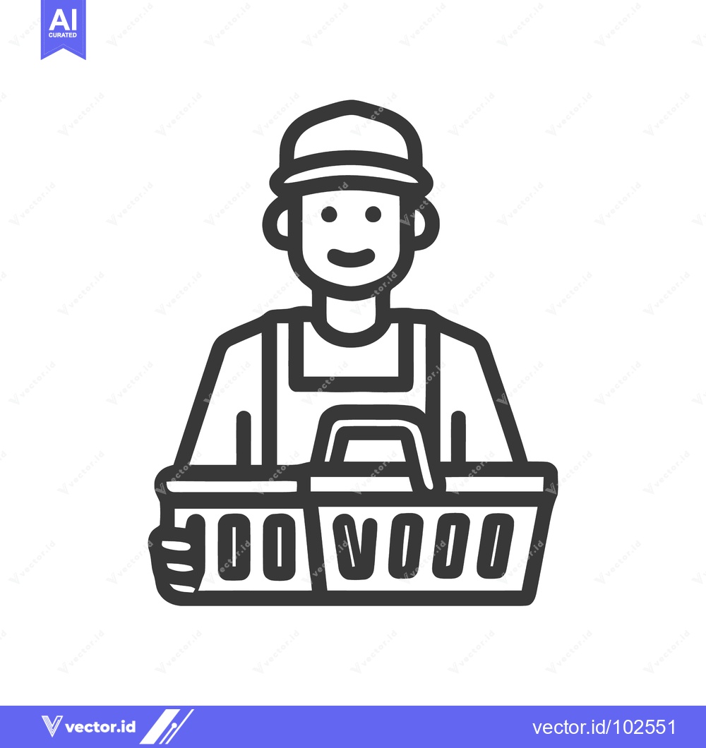Premium Vector dari Smiling Line Icon of a Person in a Hat Holding a Shopping Basket, Idea