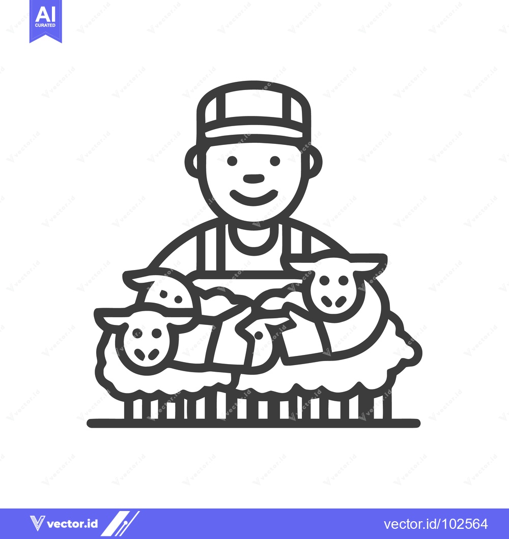 Premium Vector of Smiling Shepherd with Three Sheep Minimalist Line Art Icon