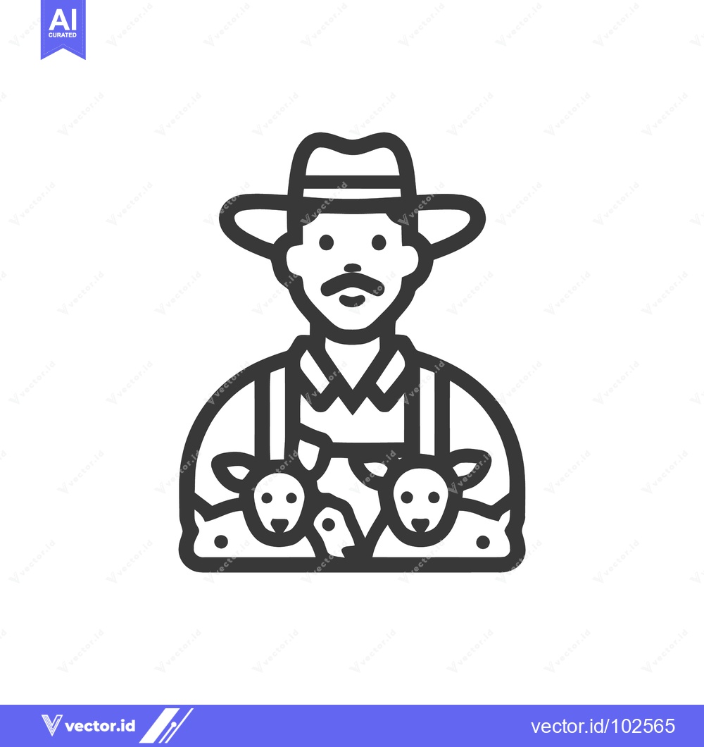 Premium Vector of Black Line Icon of a Farmer in Hat and Overalls with Two Sheep, Symbol