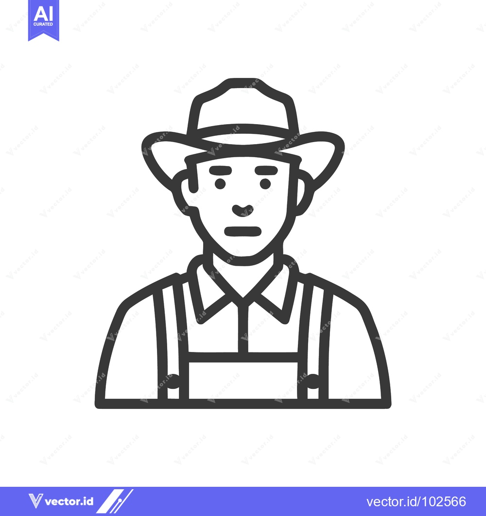 Premium Vector of Monochrome Line Art Icon of a Rural Worker in Cowboy Hat and Overalls